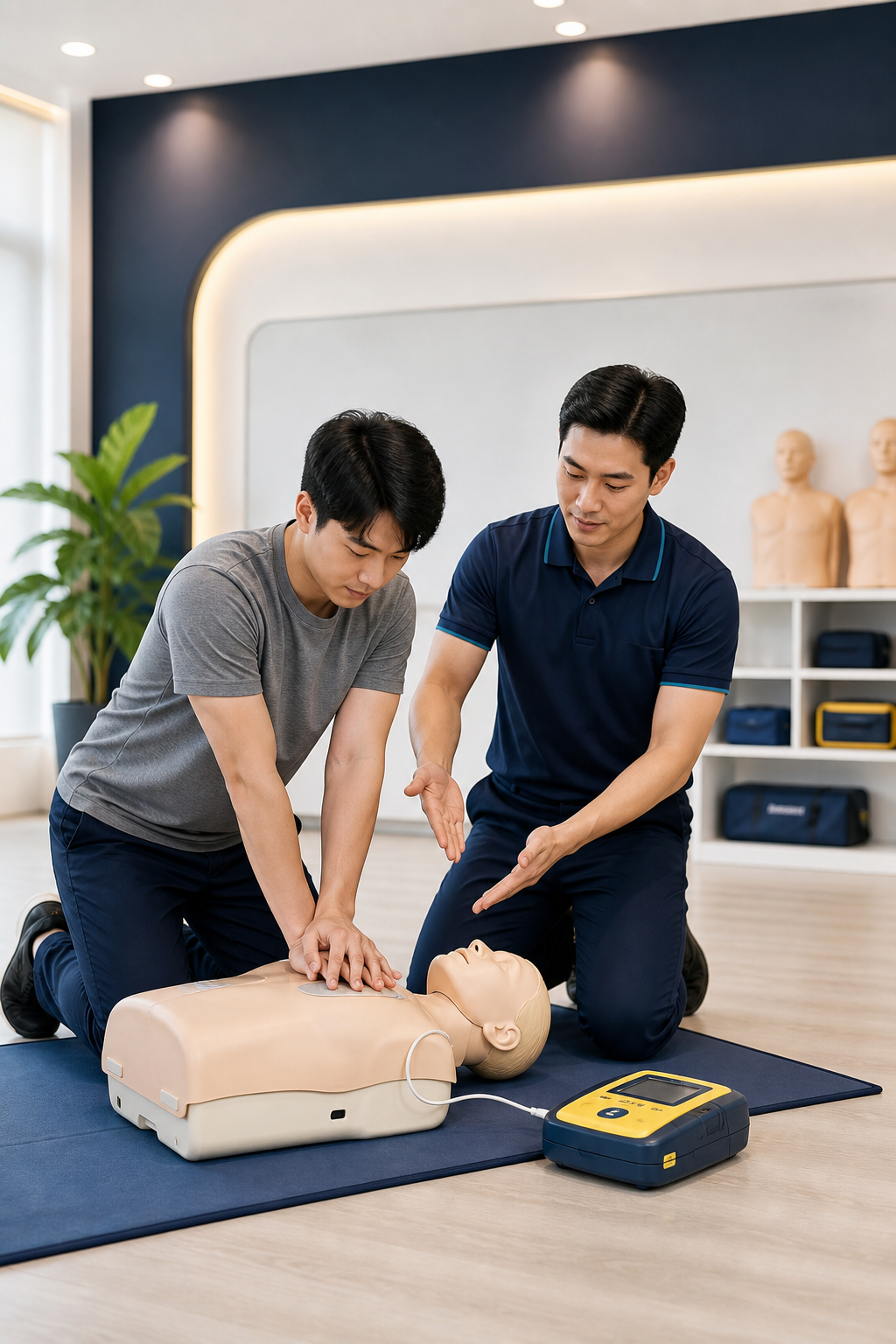 ผู้เรียนกำลังฝึกกดหน้าอกบนหุ่น CPR พร้อมวิทยากรและเครื่อง AED ฝึก
